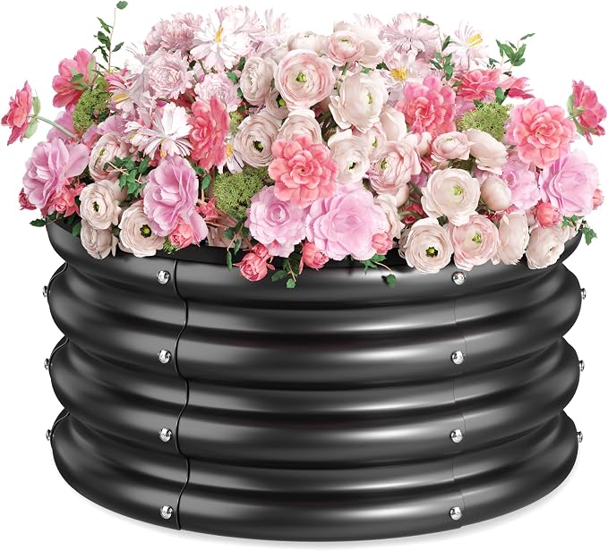 2 x 2 x 1 ft Round Raised Garden Bed, Black 1 Pack 0.6 mm Thick Galvanized Steel Planter Box with Double Layer Paint and Safety Edge Trim for Vegetables Flowers Herbs Outdoor Garden