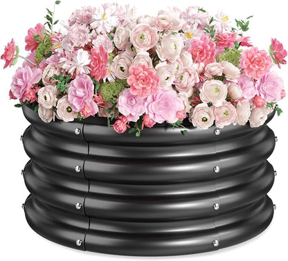 2 x 2 x 1 ft Round Raised Garden Bed, Black 1 Pack 0.6 mm Thick Galvanized Steel Planter Box with Double Layer Paint and Safety Edge Trim for Vegetables Flowers Herbs Outdoor Garden