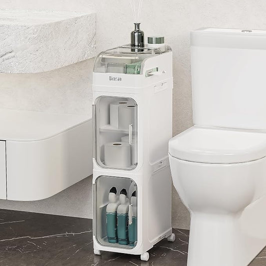 BINSIO 3-Tier Slim Bathroom Storage Cabinet for Toilet Side, Toilet Paper Storage Organizer, Narrow Rolling Bathroom Storage Cabinet with Transparent Doors for Small Space, Foldable Easy Assembly