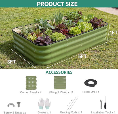 4 in 1Galvanized Raised Garden Bed - 5x3x1ft Modular Garden Planter Bed Outdoor | Steel Raised Bed Kit with Bracing Rods, Gloves for Gardening Vegetables Fruits and Flowers (Green)