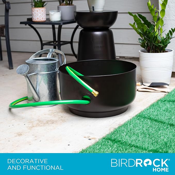 BIRDROCK HOME Decorative Footed Water Hose Holder Pot - Ground Garden Hose Box - Steel - Powdered Coated - Embossed - Steel Metal Hider - Outdoor or Indoor Use (Oil Rubbed Bronze)