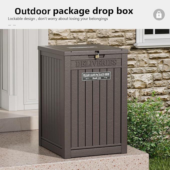 Package Delivery Box for Outside, Storage Box with Lockable Secure, Outdoor Resin Package Drop Container Waterproof for Backyard, Garden, Patio & Lawn, Brown