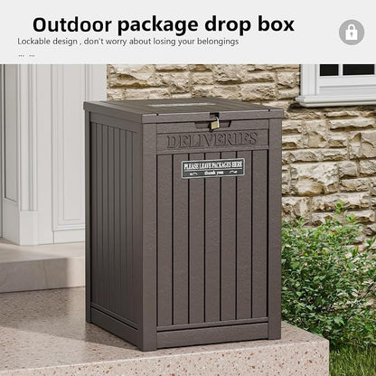 Package Delivery Box for Outside, Storage Box with Lockable Secure, Outdoor Resin Package Drop Container Waterproof for Backyard, Garden, Patio & Lawn, Brown