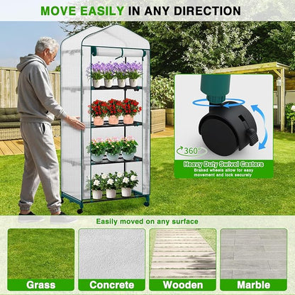 Yesker Mini Greenhouse 27"x20"x63" Portable Indoor / Outdoor Small Green House with 4 Tier 4 Shelves Wheels Thicken PE Cover Compact Greenhouses Kit for Winter Gardening Balcony Patio Backyard, White