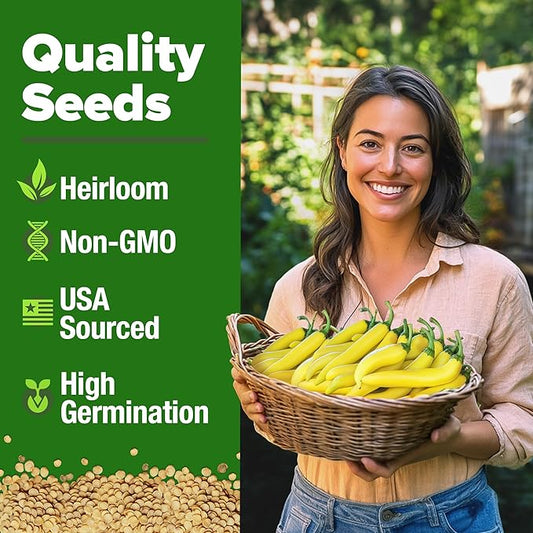 HOME GROWN Banana Pepper Seeds 94+ Heirloom Non GMO Seeds for Planting, High Germination, Sweet & Mild Peppers, Indoor Outdoor Garden, Perfect for Slicing & Pickling, High Yield (Capsicum annuum)