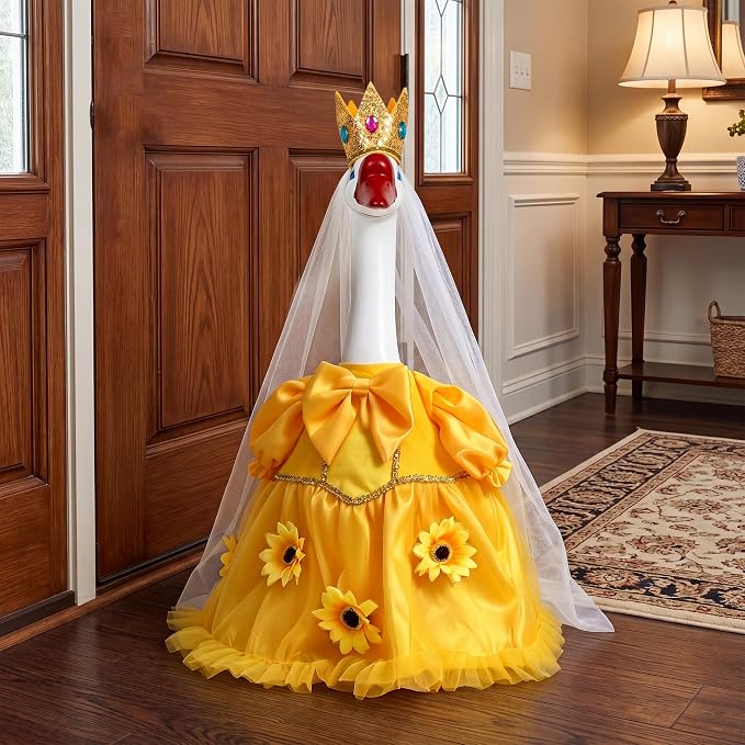 Porch Goose Statue with Princess Outfits - Cute Resin Goose Figurine with Yellow Princess Dress and Crown, Waterproof Weather Resistant Garden Decor for Patio Lawn Room, Gift for Women Goose Lovers