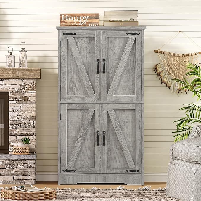 TEENFON Farmhouse Storage Cabinet with 2 Adjustable Shelves, Bathroom Cabinet with 4 Doors, Cupboard for Kitchen, Living Room, Rustic Gray