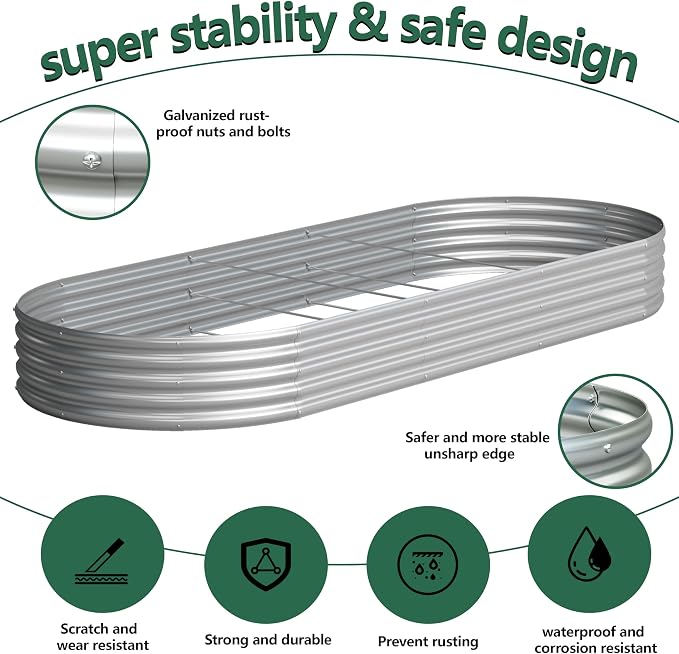 Galvanized Raised Garden Bed Outdoor, 12x4x1ft(2Pack) Metal Heavy Duty Planter Boxes for Gardening, Easy Assemble Bottomless Small Oval Plant Container Kit for Vegetable, Flower, Fruit, Silver