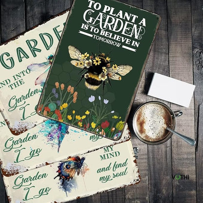 Bee Garden Sign,To Plant A Garden Is To Believe In Tomorrow,8x12 Inch | Aluminum Outdoor Patio Decor, Farmhouse Wall Decor, Kitchen Gardening Decor