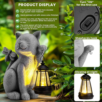 Solar Garden Outdoor Statues Cat with Solar Lantern,Outdoor Cat Figurines Decorations,Lawn Home Decor for Patio, Balcony, Yard Ornament,Unique Housewarming and Birthdays Gifts for Mom Women Grandma