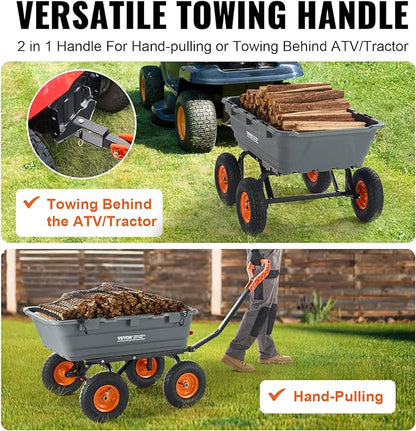 VEVOR Heavy Duty 1200lbs 7 Cu.Ft Wheelbarrow Garden Dump Cart Wagon | 2-in-1 Convertible Handle to Trailer For ATV Mower Tractor, 13in All Terrain Wheels
