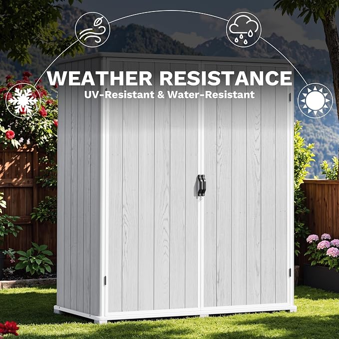 Devoko 5x3 Resin Outdoor Storage Shed with Floor, Waterproof Plastic Outdoor Tool Cabinet with Lockable Doors for Lawn Backyard Garden, Light Gray