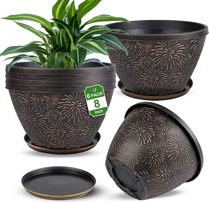 Nooulap 6 Pack 8 Inch Plant Pot, Flower Pots for Indoor Outdoor, Durable Decorative Planters for House Garden Plants Herbs Flowers Succulents, Antique Gold Firework Embossed Design