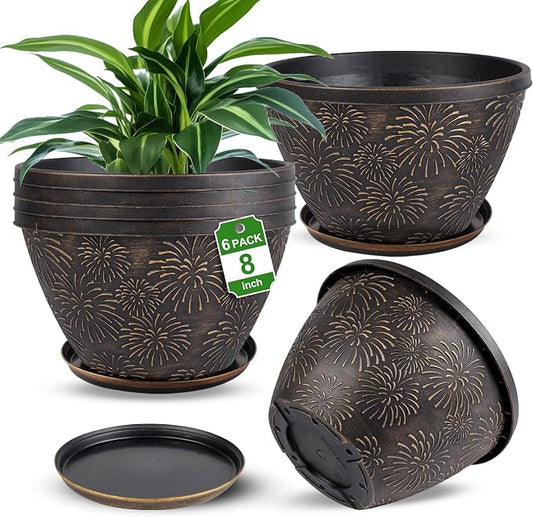 Nooulap 6 Pack 8 Inch Plant Pot, Flower Pots for Indoor Outdoor, Durable Decorative Planters for House Garden Plants Herbs Flowers Succulents, Antique Gold Firework Embossed Design