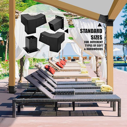 Pergola Kit, 15° 3-Way Slanted Roof Pergola Bracket Set, Roof Wall Mount Extension Bracket 4" x 4" (Actual 3.5" X 3.5") - Set 6