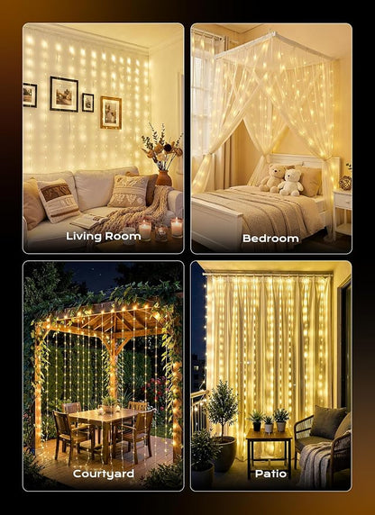 Brightown 180 LED Shower Curtain Lights, 70 Inch Warm White IP65 Waterproof Fairy Lights Battery Operated String Lights, 8 Modes Waterproof Christmas Lights for Indoor Outdoor Decor(No Curtain)