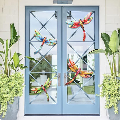 Junware Metal Dragonfly Wall Decor, 4Pcs Dragonfly Wall Art Sculptures Hanging Sculpture Decoration.Outdoor Fence Art for Home Garden, Fence, Patio, Yard, Bedroom Outside Gifts for Adults