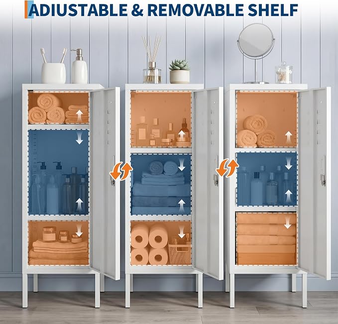 Lockable Metal Locker Cabinet, 39''h Metal Storage Cabinet with Lock, Adjustable Shelf & Ventilation, Steel Locker for Gym, School, Office, Home, Garage White