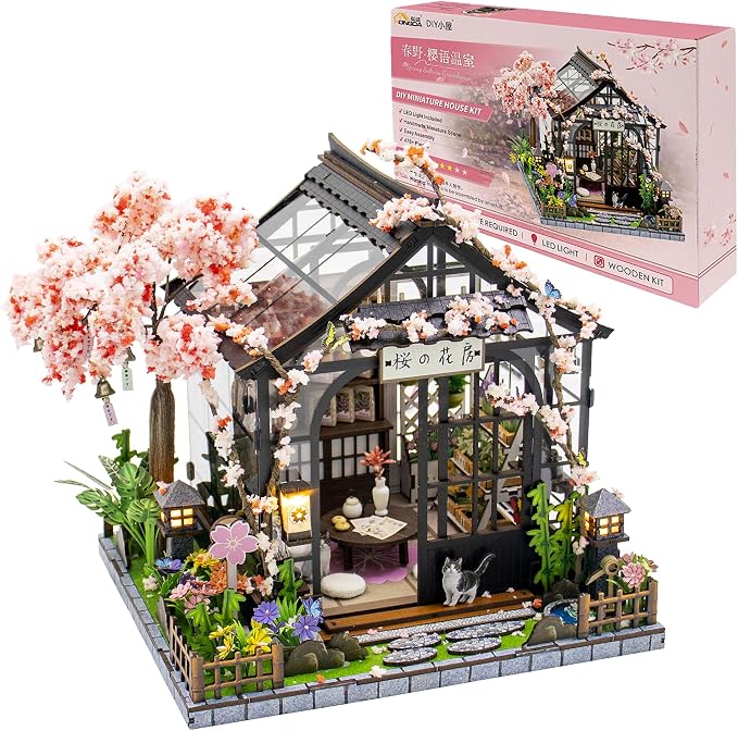 DIY Miniature House Kit, Fairy Dollhouse for Adults to Build, Mini Home Building Kit with Wooden Furniture & LED Lights,Garden Detials, Gift for Family and Friends (Spring Sakura Greenhouse)