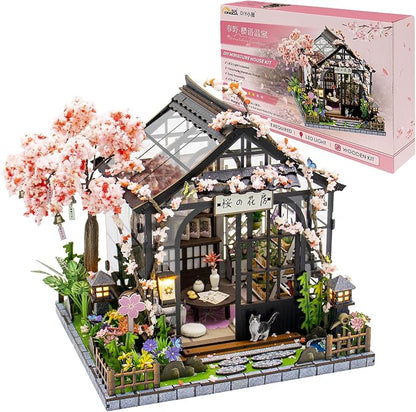 DIY Miniature House Kit, Fairy Dollhouse for Adults to Build, Mini Home Building Kit with Wooden Furniture & LED Lights,Garden Detials, Gift for Family and Friends (Spring Sakura Greenhouse)