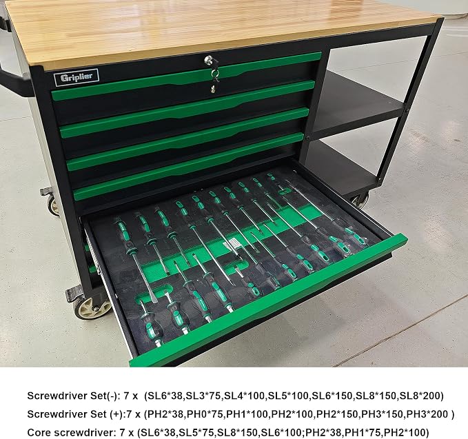 7-Drawers Professional Tool Cart Cabinet,Rolling Tool Chest with Double Shelves,Wood Workbench,51.1W x 18.9D x 32.3H inches for Garage, Workshop, or Outdoor Use(7 Drawers + 258 Pieces Tool)