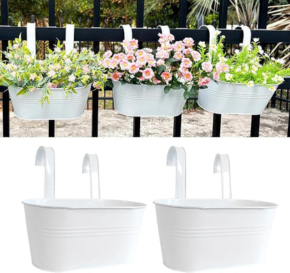 12" Balcony Railing Planters, Outdoor Hanging Planter for Fence, Stylish Metal Porch Deck Flower Pot for Herbs & Succulents (White, Pack of 2)