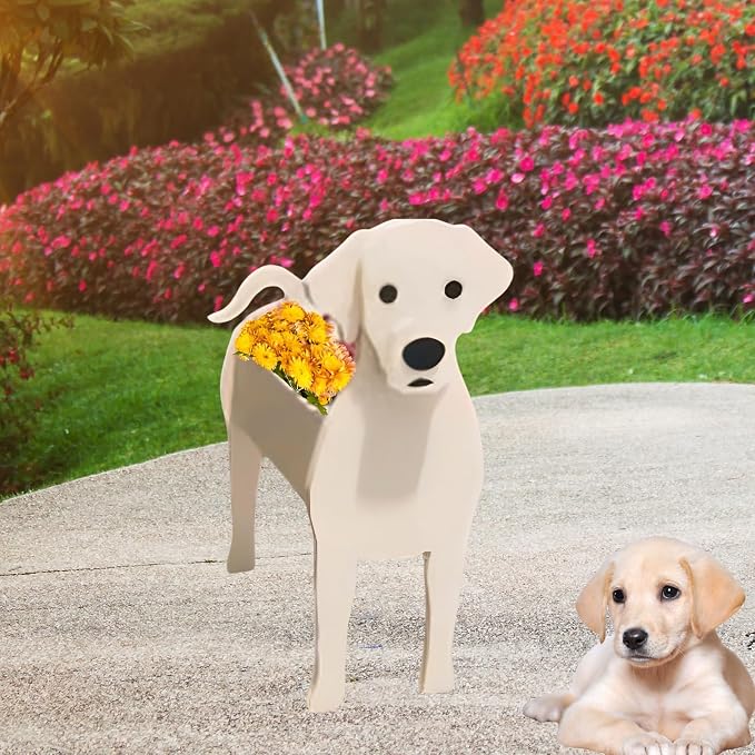 White Labrador Dog Planter Pots, 9.84 x 7.87x 17 Inches | Large Dog Flower Pot, Cute Animal Shaped Plant Pot, Gifts for Women & Pet Lovers, Indoor Outdoor Garden Home Office Decor