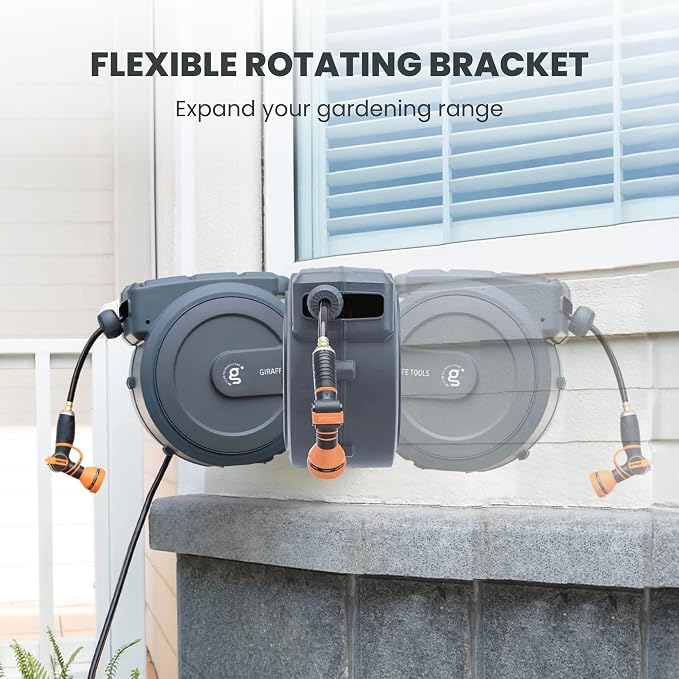 Giraffe Tools PRO Heavy Duty Retractable Garden Hose Reel - 78ft 1/2 Inch Auto Rewind with Any-Length Lock, Wall Mounted Metal Bracket, Commercial Grade for Patio & Lawn (Dark Grey)
