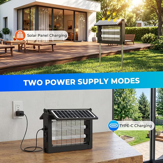 Upgraded Solar Bug Zapper Outdoor with Dual Panels, 4500V Cordless Rechargeable Fly Insect Killer Waterproof Electric Mosquitoes Zapper for Patio Garden Backyard RV Camping Pond