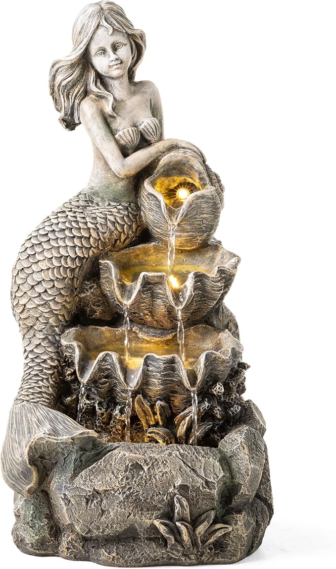 Glitzhome Water Fountain Outdoor, Outdoor Fountain with Lights & Pump, 22.25" H 4-Tiered Concrete Mermaid Polyresin Waterfall Floor Standing Water Feature for Garden, Patio, Yard, Deck, Porch