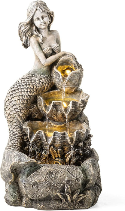 Glitzhome Water Fountain Outdoor, Outdoor Fountain with Lights & Pump, 22.25" H 4-Tiered Concrete Mermaid Polyresin Waterfall Floor Standing Water Feature for Garden, Patio, Yard, Deck, Porch