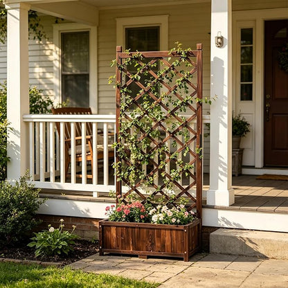 Anraja Raised Garden Bed with Trellis Wooden Flower Standing Planter Box Outdoor Wood Compact Lattice Panels Privacy Screen for Climbing Plant Planting Patio Tomato Vegetable Herb Balcony Porch 67" H
