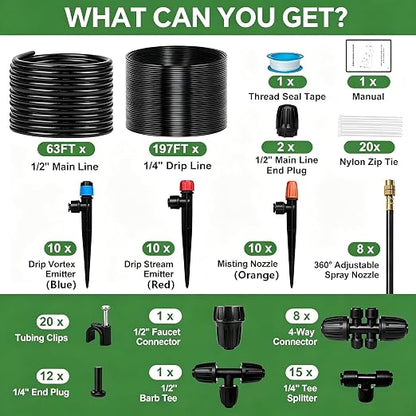 260FT Drip Irrigation System for Garden with 38pcs Adjustable Copper Nozzles & Emitters, Automatic Garden Watering System with 1/2" & 1/4" Tubing for Raised Bed, Yard, Greenhouse, Potted Plants, Lawn