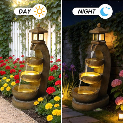 35.4" Outdoor Water Fountain, 3 Tier Bowl Cascading Freestanding Water Fountain, Outdoor Fountain with LED Lights, Lantern Style Garden Water Feature, Suitable for Patio Yard Porch, Brown