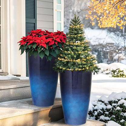 22.8" Gradient Blue Resin Tall Outdoor Planters with Drainage Holes | Set of 2 resin tall planters with deep gradient blue finish, drainage plugs, and UV-resistant surface for porch or patio