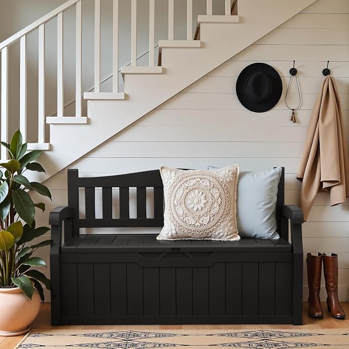 Greesum 80 Gallon Outdoor Storage Bench, Weather-Resistant Deck Box, Patio Furniture Bench for Backyard, Garden, Porch, Large Capacity Seat for Pillows Cushions Patio Accessories, Dark Black