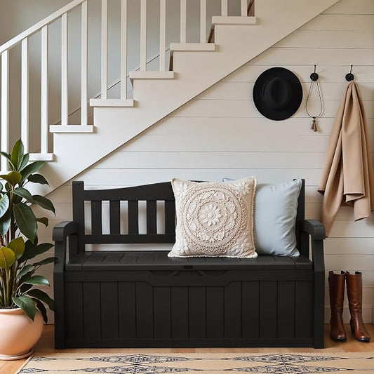 Greesum 80 Gallon Outdoor Storage Bench, Weather-Resistant Deck Box, Patio Furniture Bench for Backyard, Garden, Porch, Large Capacity Seat for Pillows Cushions Patio Accessories, Dark Black