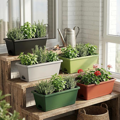 7 Pack Window Box Planters, 17 Inch Plastic Rectangular Flower Pots for Indoor/Outdoor Plants, Herbs, Vegetables, Includes Trowel, Waterproof Mat & Gloves(Light Green)