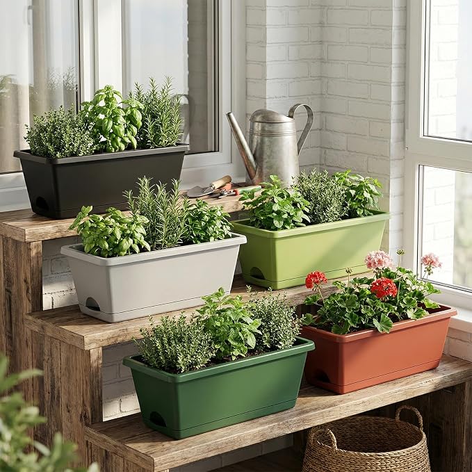 7 Pack Outdoor Planters, Plastic Rectangular Flower Pots with Saucers and Gardening Tools, 17 Inches for Indoor/Outdoor Plants, Herbs, Vegetables, Includes Trowel, Waterproof Mat & Gloves(Offwhite)