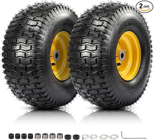 2PCS 15x6.00-6 Tire and Wheel Assembly, 4 Ply Tubeless 15x6-6 Front Tire Assembly Replacement for Craftsman John Deere Husqvarna Riding Mowers, 500lbs Capacity, 3" Centered Hub, 3/4" Bushing