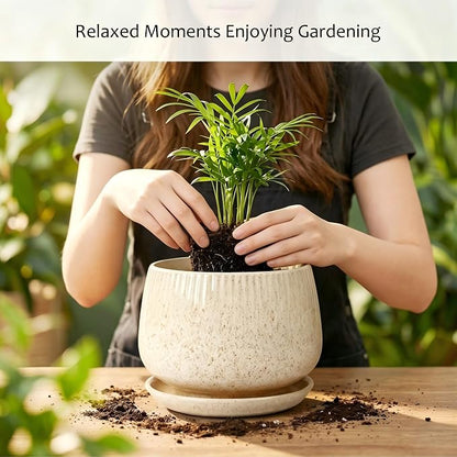 7.5 Inch Ceramic Planter with Saucer,Modern Garden Pots with Drainage Hole Mesh Net, for Indoor Outdoor Use (Silk White)