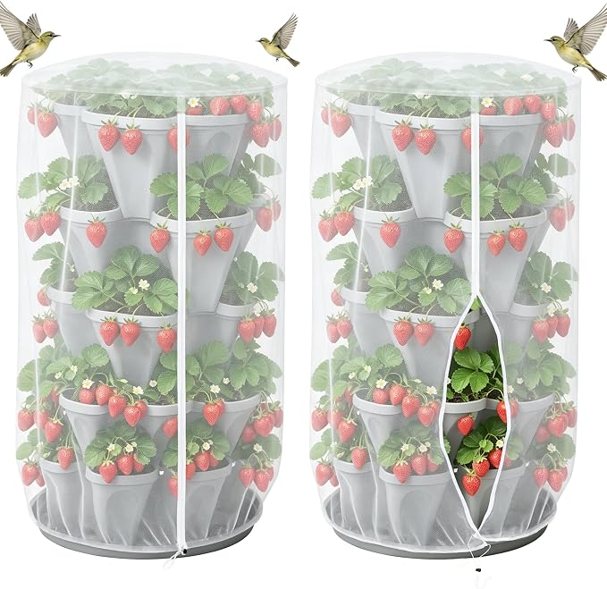 39.6x32.4 Garden Netting with Zipper for Tomato Strawberry Herb | 2pcs bird insect netting plant cover with zipper & drawstring, suitable for 5 tier stackable vertical plant pot