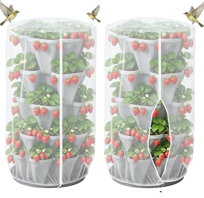 39.6x32.4 Garden Netting with Zipper for Tomato Strawberry Herb | 2pcs bird insect netting plant cover with zipper & drawstring, suitable for 5 tier stackable vertical plant pot