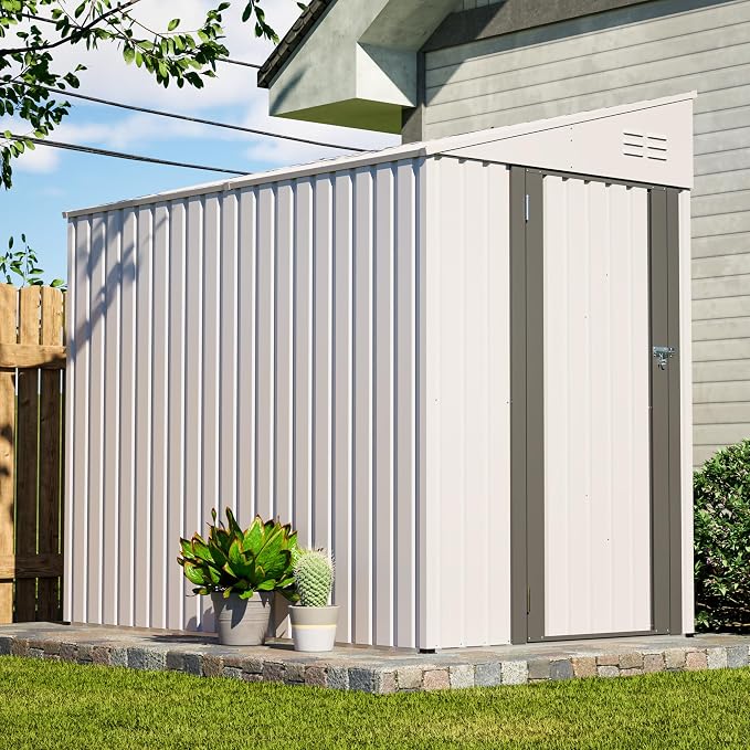 YOPTO 4x7 FT Outdoor Storage Shed,Metal Lean to Storage Shed with Reinforced Beams,All Weather Waterproof Garden Tool House W/Lockable Door and Reversible Installation,for Backyard,Patio,Lawn,White