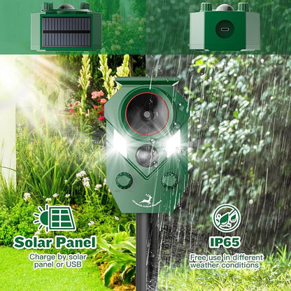 Solar-Powered Ultrasonic Animal Repellent 4 Packs, Waterproof Cat Deterrent with LED Flashing Lights and Motion Sensor for Outdoor Yard, Effective to Repel Cats, Coyotes, Raccoons, and Deer
