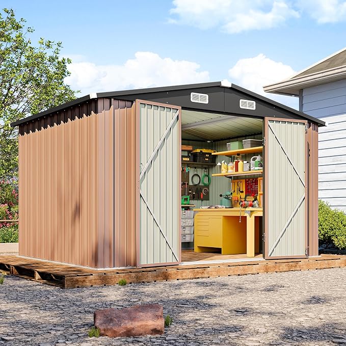 10x8FT Outdoor Storage Shed Brown | Metal Garden Tool Shed with Sloping Roof & Lockable Door for Garden, Patio, Backyard