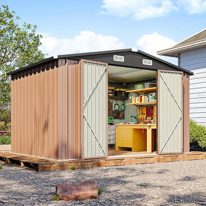 10x8FT Outdoor Storage Shed Brown | Metal Garden Tool Shed with Sloping Roof & Lockable Door for Garden, Patio, Backyard
