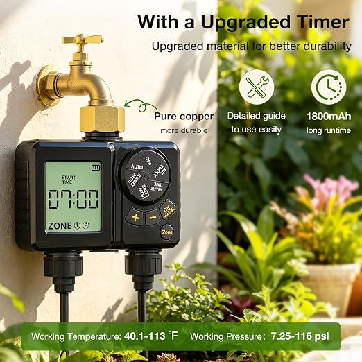 MIXC Drip Irrigation System with Timer,1/4" 100Ft Automatic Garden Watering Kit with 16pcs 360°Adjustable Brass Nozzles & Bendable Rod,for Outdoor Plants,Lawn,Raised Bed,Potted Plant,Yard,Greenhouse