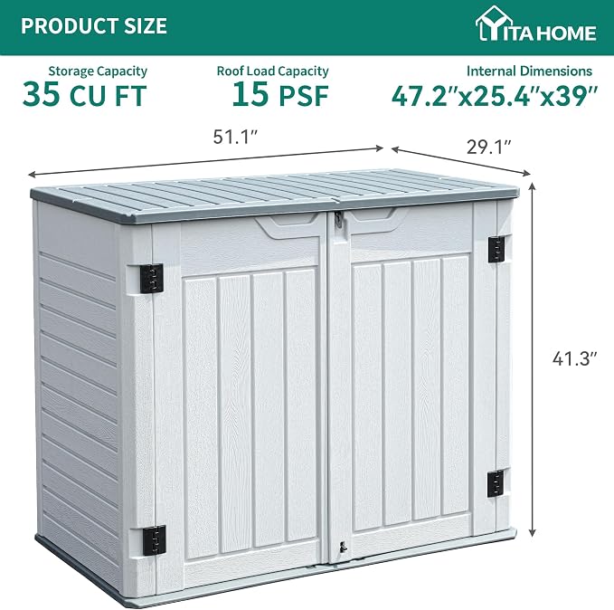 YITAHOME Outdoor Resin Storage Sheds | 39 in Height Lockable Waterproof Horizontal Shed w/o Shelf, Easy to Assemble Shed Storage for Garden Tools, Light Gray