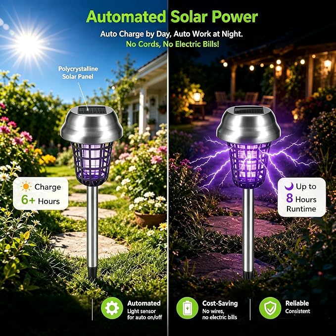 4Pack Solar Bug Zapper Outdoor, Waterproof Mosquito Zapper Outdoor with UV Light, Bug Zapper Repellent Trap, Outside Bug Repellent Trap Used to Keep Gnat Small Flying Mosquitoes